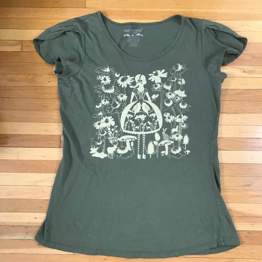 Out of Print Alice in Wonderland Olive Green Tee
